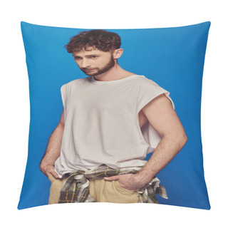 Personality  Bearded And Curly Man Standing With Hands In Pockets On Blue Background, Tank Top, Male Fashion Pillow Covers