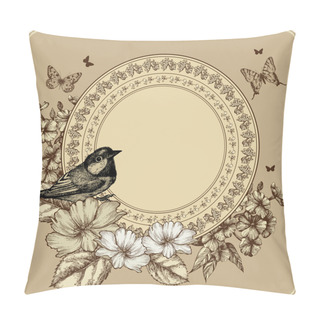 Personality  Vintage Frame With Bird And Blooming Roses, Phlox. Vector Illust Pillow Covers