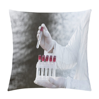 Personality  Partial View Of Water Inspector In Protective Costume Holding Test Tubes Pillow Covers