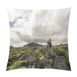 Personality  Young Woman Sitting On Rock And Looking At Majestic Icelandic Landscape Pillow Covers