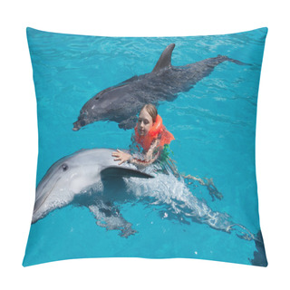 Personality  Little Girl And Two Dolphins In Swimming Pool Pillow Covers