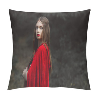 Personality  Beautiful Girl In Red Cloak And Elegant Wreath In Woods Pillow Covers