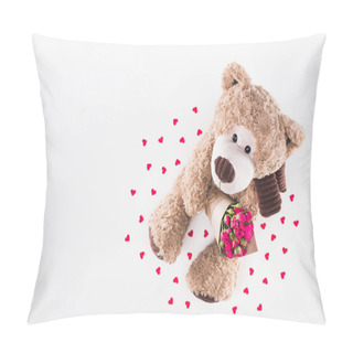 Personality  Top View Of Teddy Bear With Bouquet Of Pink Roses Isolated On White, Valentines Day Concept Pillow Covers