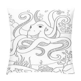 Personality  Childrens Coloring Cartoon Animal Friends In Nature. Underwater World, Octopus On The Ocean Floor Pillow Covers