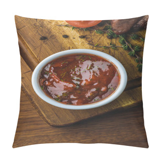 Personality  Top View Of Bbq Sauce In Bowl And Delicious Roasted Meat With Tomato On Wooden Board Pillow Covers