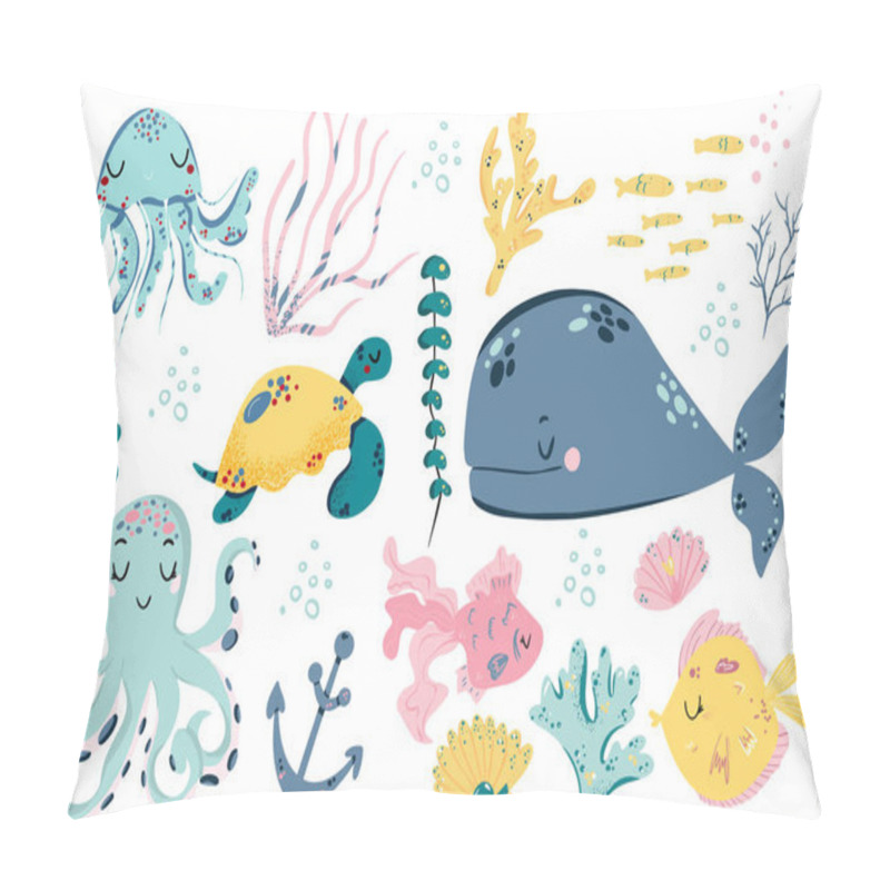 Personality  Sea Life. Set With Funny Sea Animals. Vector Collection. Pillow Covers