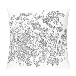Personality  Undersea World : Corals, Sea Anemones, Shells, Fish, Crab, Sea Turtle, Crystals, Seahorse. Environment, Nature, Ecology, Ocean. Hand Drawn Illustration. Coloring Book Page, Postcard. Pillow Covers
