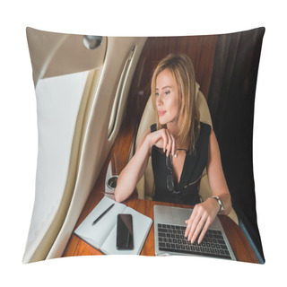 Personality  Beautiful Businesswoman Holding Glasses Near Laptop And Smartphone With Blank Screen  Pillow Covers