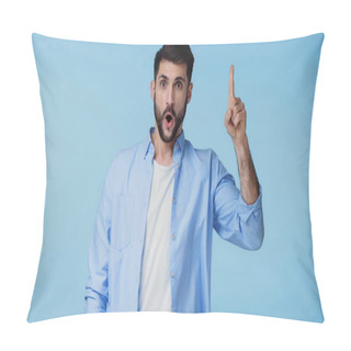 Personality  Bearded Man In Shirt Showing Idea Sign While Looking At Camera Isolated On Blue Pillow Covers