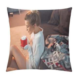 Personality  Beautiful Woman With Patterned Blanket Drinking Cocoa On Carpet  Pillow Covers