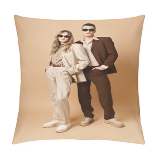 Personality  Attractive Elegant Couple In Chic Seasonal Suits With Stylish Sunglasses Posing On Pastel Background Pillow Covers