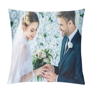 Personality  Handsome And Smiling  Bridegroom Putting Wedding Ring On Finger  Pillow Covers