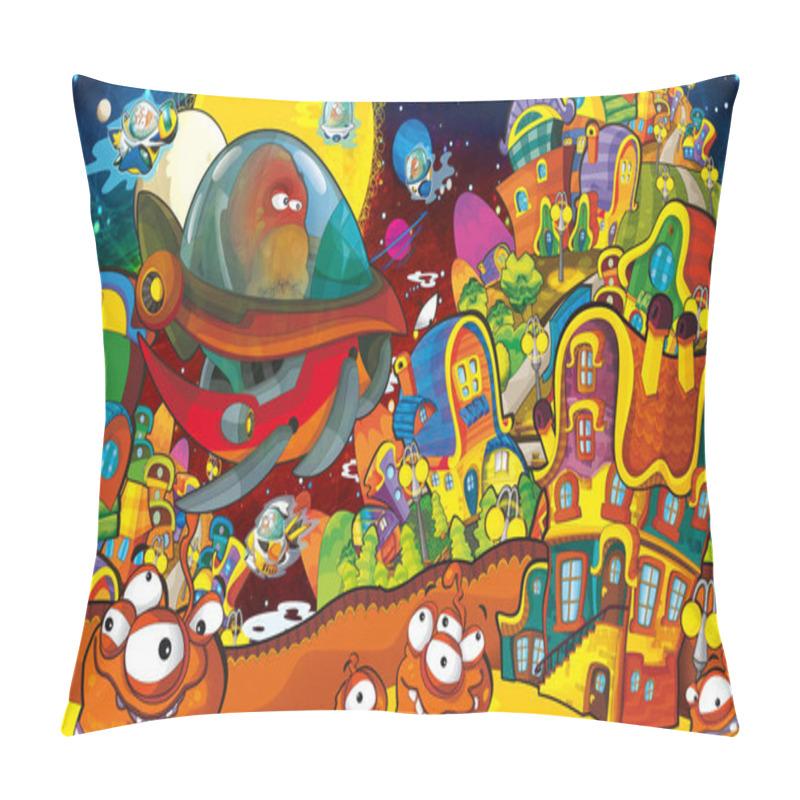 Personality  cartoon scenes with some funny looking aliens in the city and flying ufo ships - white background - illustration for children pillow covers