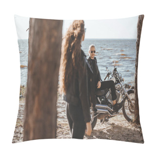 Personality  Selective Focus Of Woman Looking At Biker Sitting On Classical Motorcycle On Seashore Pillow Covers