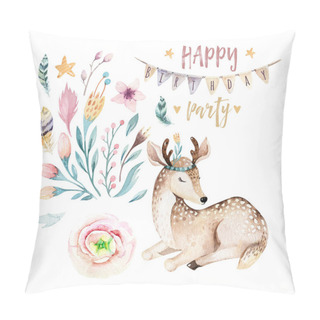 Personality  Cute Baby Giraffe, Deer Animal Nursery Mouse And Bear Isolated Illustration For Children. Watercolor Boho Forest Cartoon Birthday Patry Invitation Perfect For Nursery Posters, Patterns Pillow Covers