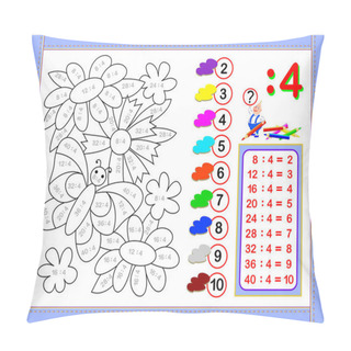 Personality  Exercises For Kids With Division By Number 4. Paint The Picture. Educational Page For Mathematics Baby Book. Printable Worksheet For Children Textbook. Back To School. Vector Cartoon Image. Pillow Covers
