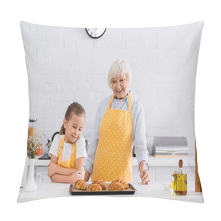 Personality  Cheerful Granny And Child Looking At Tasty Croissants On Kitchen Table  Pillow Covers