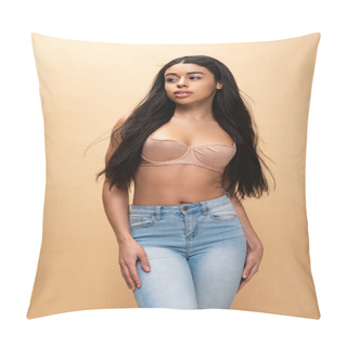 Personality  Pretty African American Girl In Blue Jeans And Bra Looking Away While Posing At Camera Isolated On Beige  Pillow Covers
