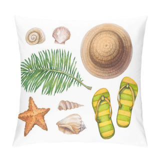 Personality  Summer Holiday Illustrations. Straw Hat, Flip Flops, Shells And Pillow Covers