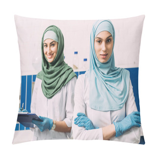 Personality  Beautiful Female Muslim Chemists In Hijab With Arms Crossed And Clipboard Looking At Camera In Laboratory Pillow Covers