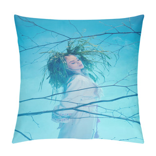 Personality  A Young Woman In A Traditional Outfit Standing Gracefully Amidst The Branches Of A Tree In A Fairy And Fantasy-inspired Studio Setting. Pillow Covers