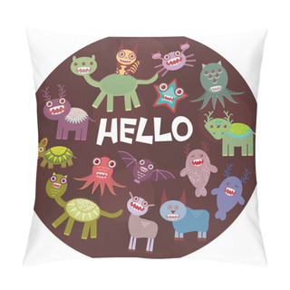 Personality   Funny Monsters Party Card Design On  Dark Background In The Circle. Vector Pillow Covers