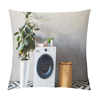 Personality  Green Plants, Towel And Bottles On Washing Machine Near Laundry Basket And Ornamental Carpet In Bathroom  Pillow Covers