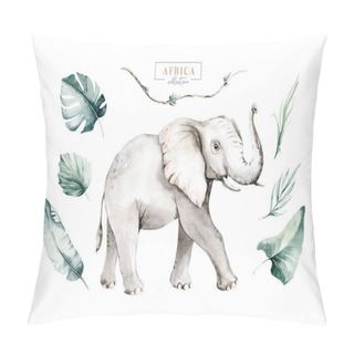 Personality Watercolor Frican Elephant Animal Isolated On White Background. Savannah Wildlife Cartoon Zoo Safari Poster. Jungle Decoration. Pillow Covers