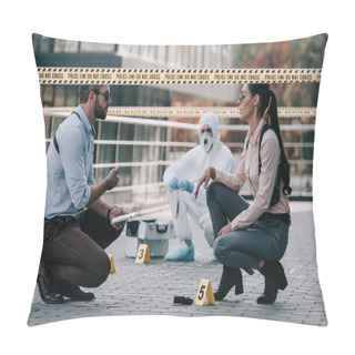 Personality  Female And Male Detectives In Sunglasses Share Their Opinions At Crime Scene Pillow Covers