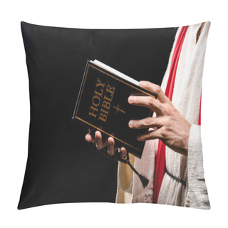 Personality  Cropped View Of Man Holding Book With Holy Bible Letters Isolated On Black  Pillow Covers
