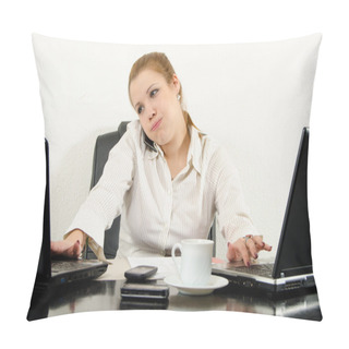 Personality  Stressed Business Woman Multitasking In Her Office Using Latest Technology. Pillow Covers