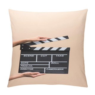 Personality  Partial View Of Woman Holding Clapper Board In Hands Isolated On Beige Pillow Covers