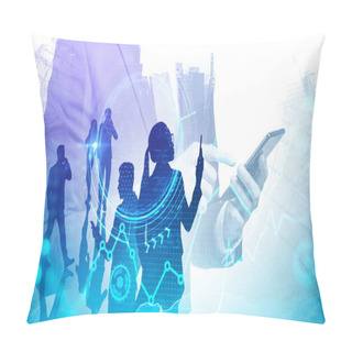 Personality  Businessman Using Smartphone In Abstract City With Double Exposure Of HUD Financial Interface And Business Team. Concept Of Trading And Technology. Toned Image Pillow Covers
