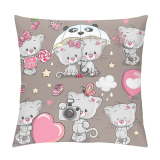 Personality  Set Of Cartoon Kitten On A Brown Background Pillow Covers