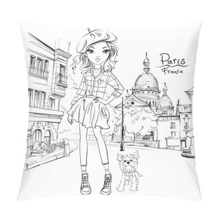 Personality  Vector Cute Girl In Quarter Montmartre, Paris, France. Black And White Illustration For Coloring Book. Pillow Covers