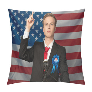 Personality  Confident Man With Raised Hand On Tribune On American Flag Background Pillow Covers