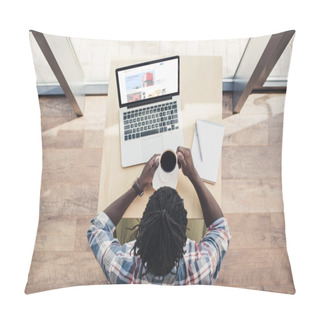 Personality  Overhead View Of African American Man Drinking Coffee And Using Laptop With Ebay Website Pillow Covers