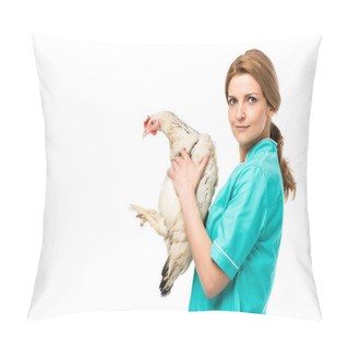 Personality  Side View Of Veterinarian In Uniform Holding Chicken Isolated On White Pillow Covers