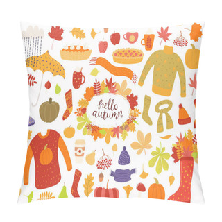 Personality  Big Autumn Set With Leaves, Acorns, Food, Pies, Mugs, Clothes, Quote Hello Autumn Isolated On White Background, Concept For Season Change. Pillow Covers