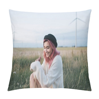 Personality  Pretty Girl With Pink Hair In White Sweater And Hat Sitting In Field With Windmills Pillow Covers