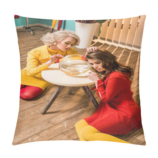 Personality  Young Retro Styled Women Sitting On Floor Near Golden Fish In Aquarium On Coffee Table, Doll House Concept Pillow Covers