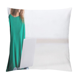 Personality  Panoramic Shot Of Young Woman Using Laptop At Home  Pillow Covers