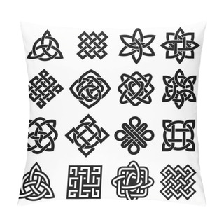 Personality  Celtic Trinity. Irish Knot, Pagan Tattoo Icon And Intertwined Line Loop. Interconnection Silhouette Vector Symbol Set Pillow Covers