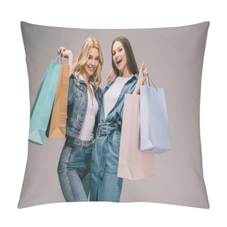 Personality  Beautiful Blonde And Happy Brunette Women In Denim Clothes Holding Shopping Bags And Smiling   Pillow Covers