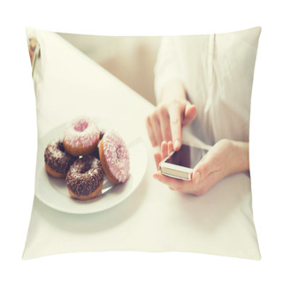 Personality  Close Up Of Hands With Smart Phone And Donuts Pillow Covers
