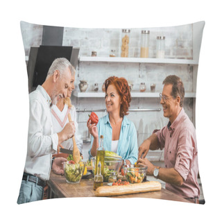 Personality  Smiling Mature Friends Preparing Salad For Dinner And Talking At Home Pillow Covers