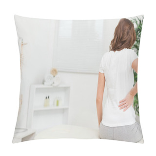Personality  Woman Sitting On A Table While Touching Her Back Pillow Covers