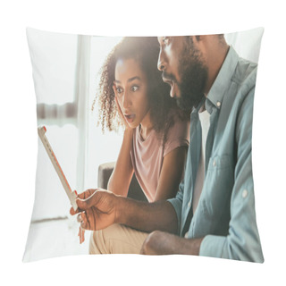Personality  Shocked African American Man And Woman Looking At Thermometer While Suffering From Heat At Home Pillow Covers