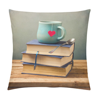 Personality  Old Vintage Books And Cup With Heart Shape On Wooden Table Pillow Covers