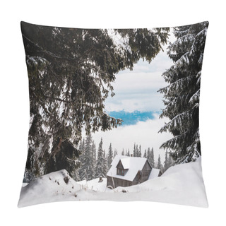 Personality  Scenic View Of Pine Trees Covered With Snow Near Mountain Wooden House Pillow Covers